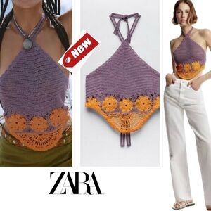 Zara purple orange crochet knit boho halter crop top NWT bohemian